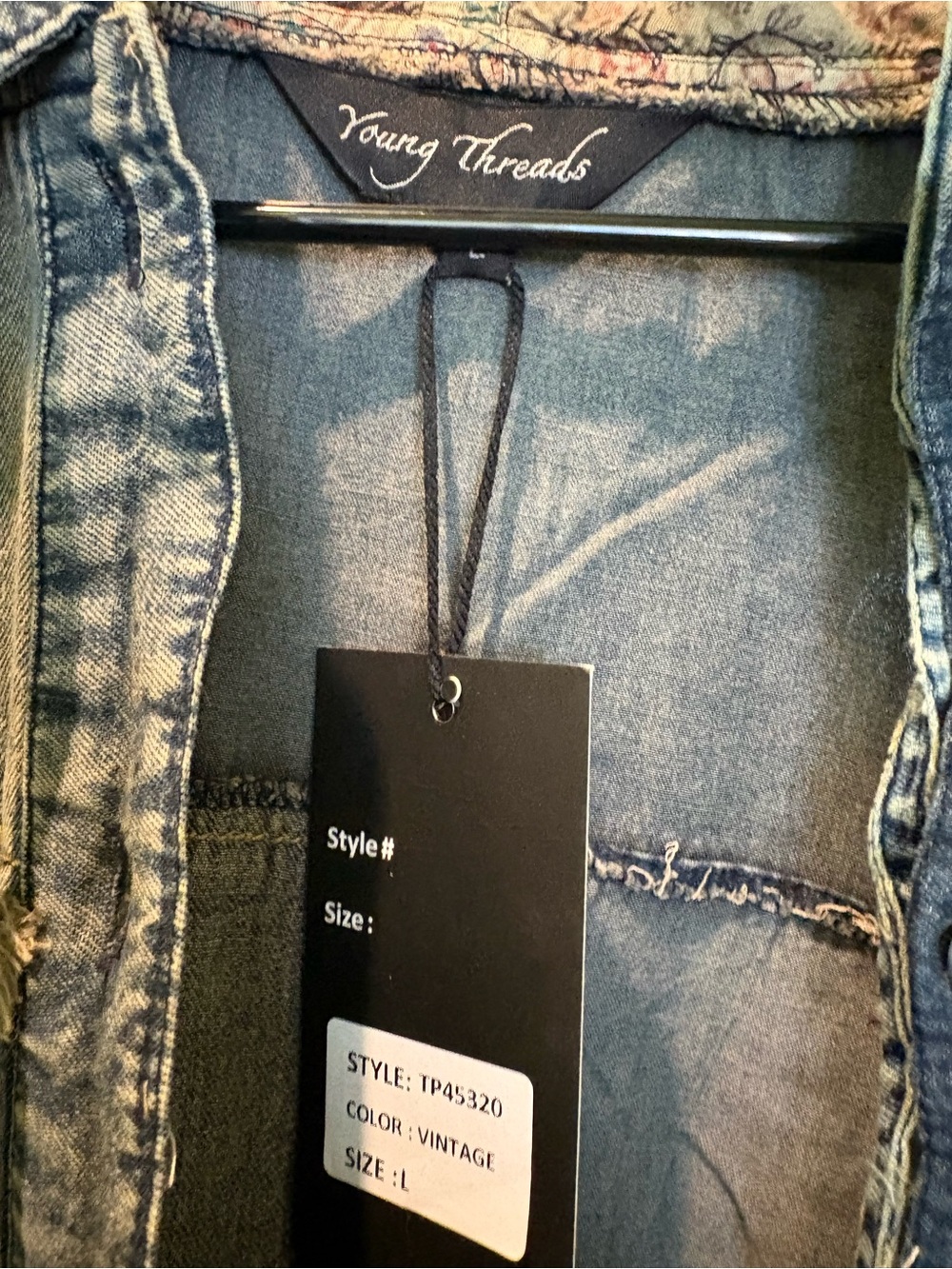 Young Threads NWT Denim Hooded Boho Shirt with Mixed Patchwork Ruffles Size L - Picture 8 of 13